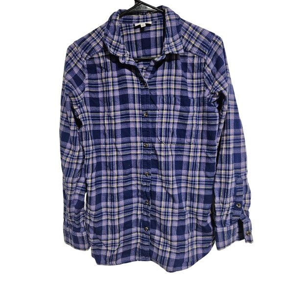 SO Plaid Button Up Shirt Womens Size Small Purple Blue 100% Cotton Long Sleeve - Picture 1 of 6